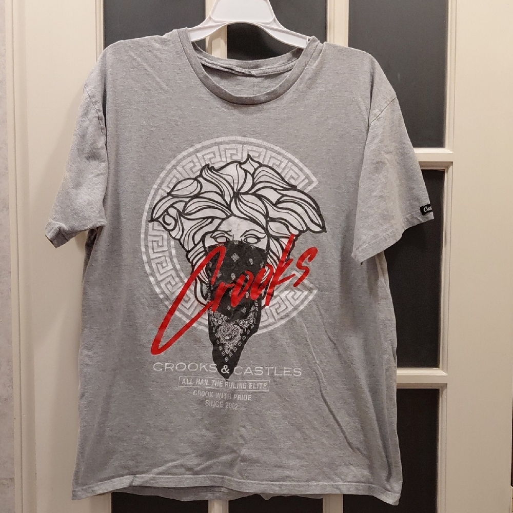 "Crooks & Castles" Gray and Red Graphic Tee. 21 P2P, 26in Long. Tags have been..